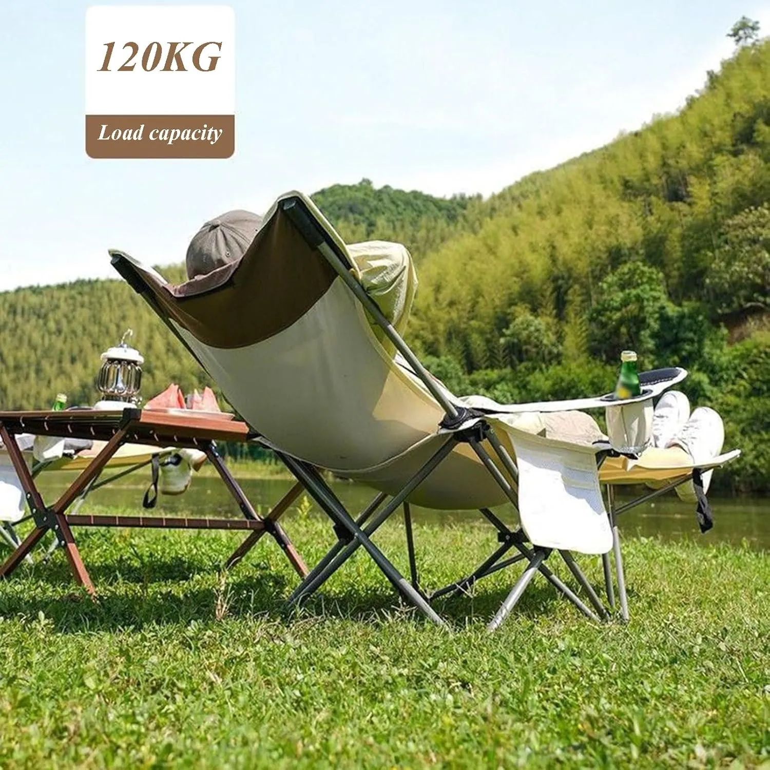 Folding Camping Chair Heavy Duty Padded Outdoor Chair with Side Pocket, Carry Bag Included, 120 KG Weight Capacity, Thicken 600D Oxford Lightweight Beach Chair, Black
