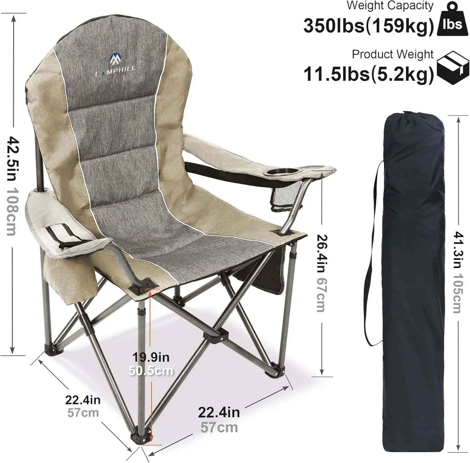 Folding Camping Chair:Oversized Portable Lawn Chairs for Adults,Outdoor Heavy Duty Padded Seats,Support 350 LBS,for Camp,Travel & Picnic