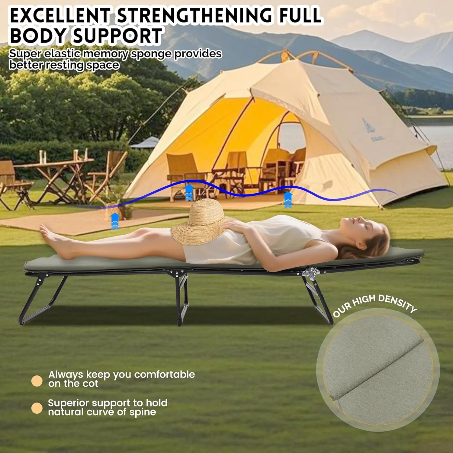 Folding Camping Cot for Adults, 5-Angle Adjustable Camping Cot Heavy Duty Outdoor Bed with Carry Bag,1200 D Layer Oxford Travel Camp Cots (Green)