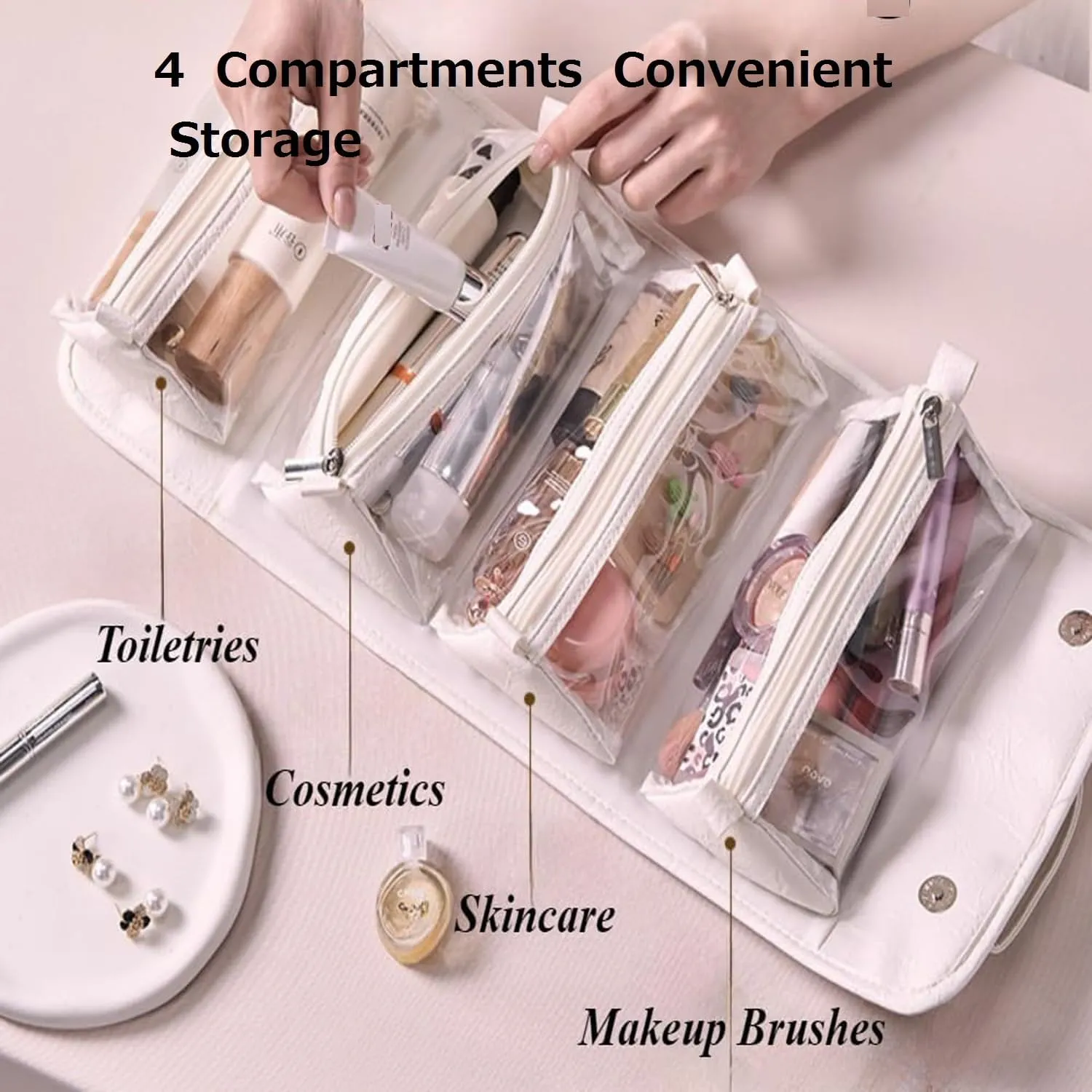 Folding Makeup Bag-Portable 4-in-1 Makeup Organizer,With Detachable Design Travel Toiletry Bag For Women,With Compartments Cosmetic Bag (Gray)