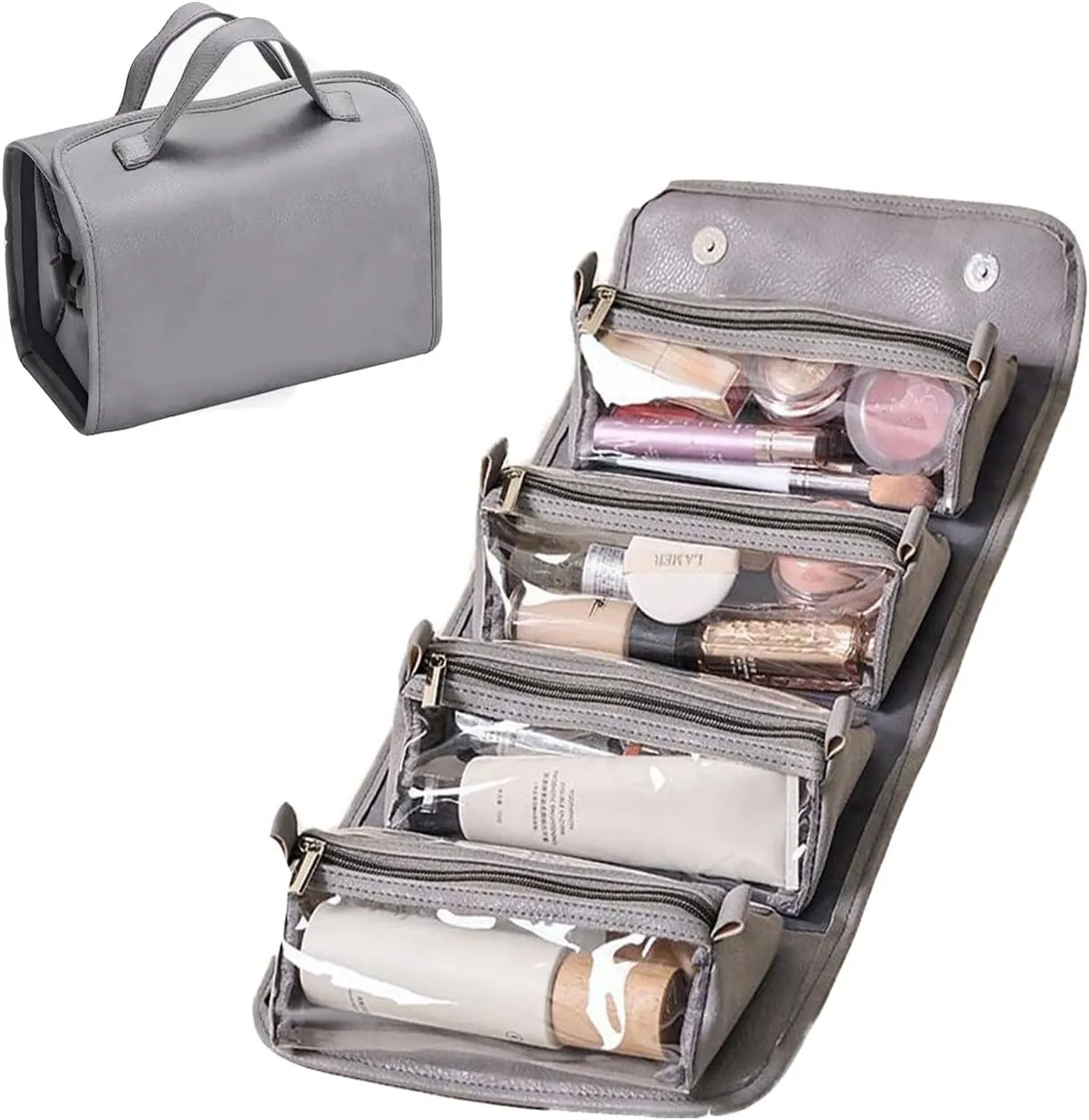 Folding Makeup Bag-Portable 4-in-1 Makeup Organizer,With Detachable Design Travel Toiletry Bag For Women,With Compartments Cosmetic Bag (Gray)