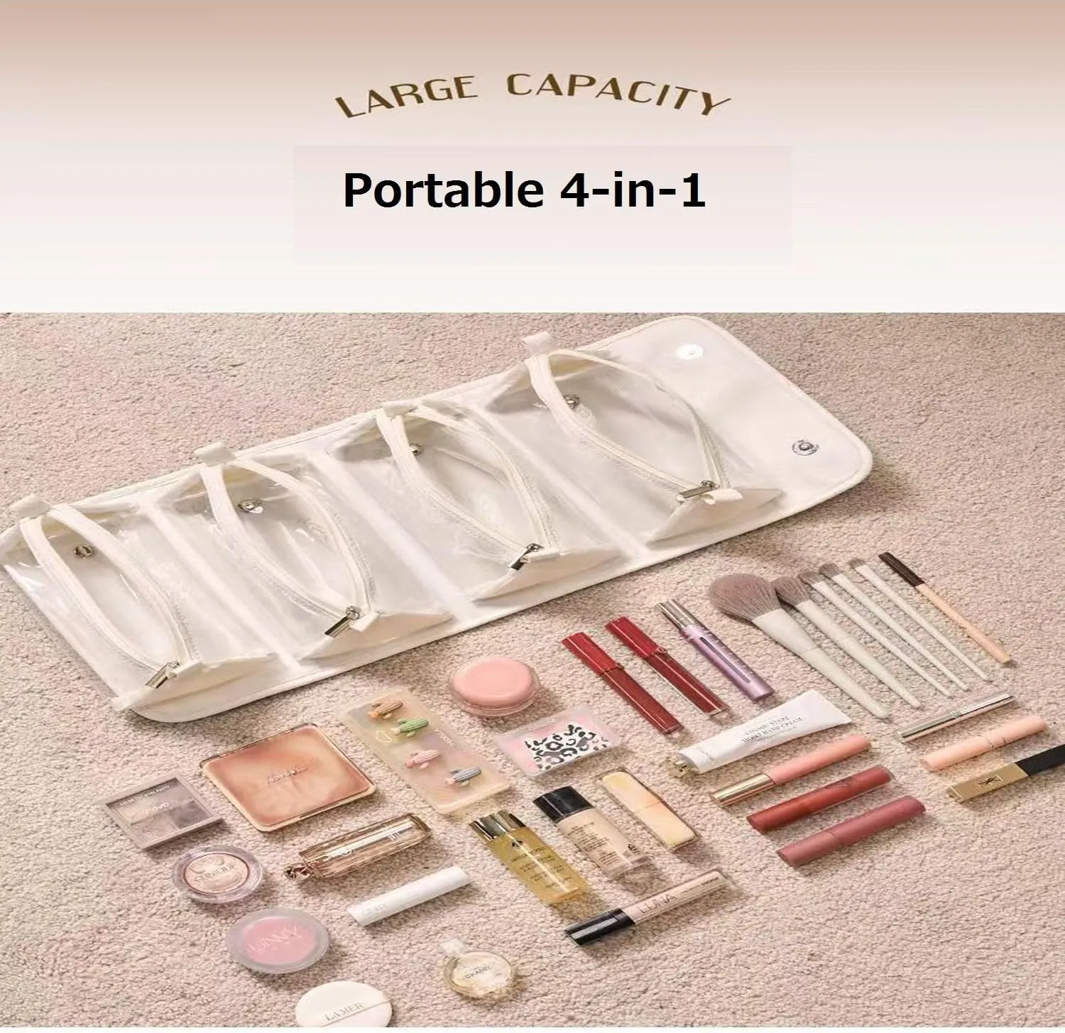 Folding Makeup Bag-Portable 4-in-1 Makeup Organizer,With Detachable Design Travel Toiletry Bag For Women,With Compartments Cosmetic Bag (Gray)