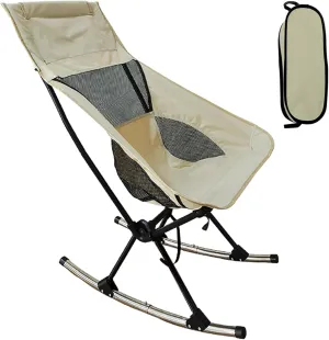 Folding Rocking Camping Chair - 198LBS Capacity High Back Portable Chair w/Detachable Rockers & Carry Bag for Beach, Fishing, Patio, Travel (Beige)
