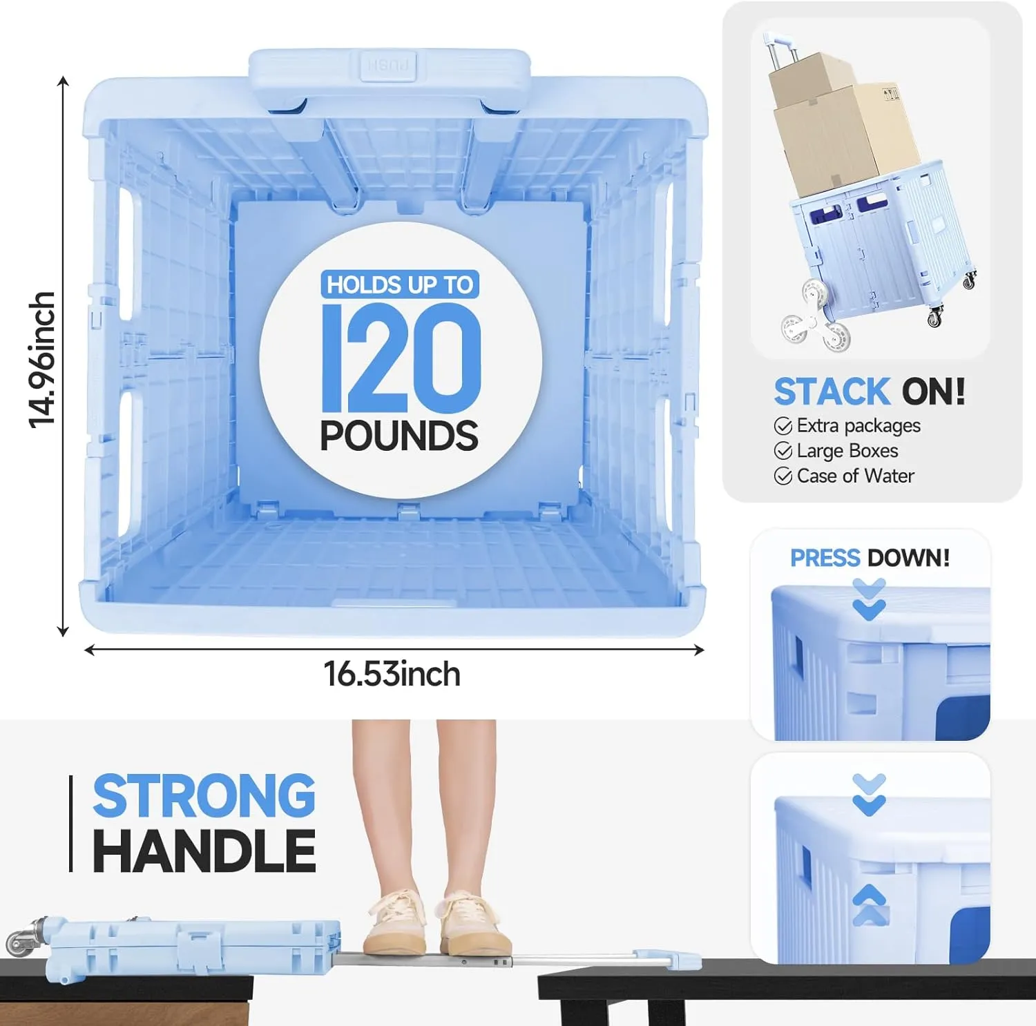 Folding Rolling Cart on Stair Climbing Wheels : Rolling Crate for Grocery File Office Book (Blue)