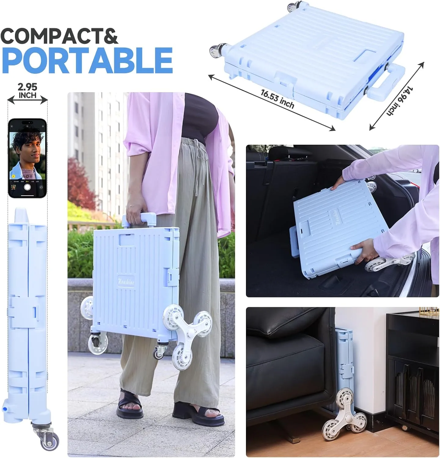 Folding Rolling Cart on Stair Climbing Wheels : Rolling Crate for Grocery File Office Book (Blue)