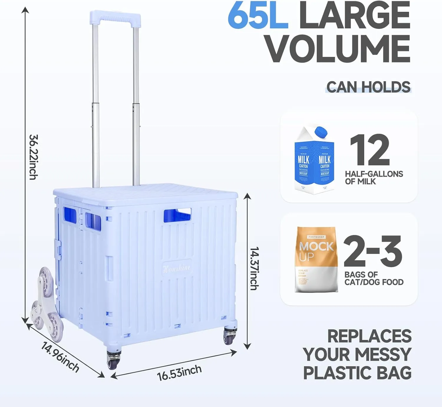 Folding Rolling Cart on Stair Climbing Wheels : Rolling Crate for Grocery File Office Book (Blue)