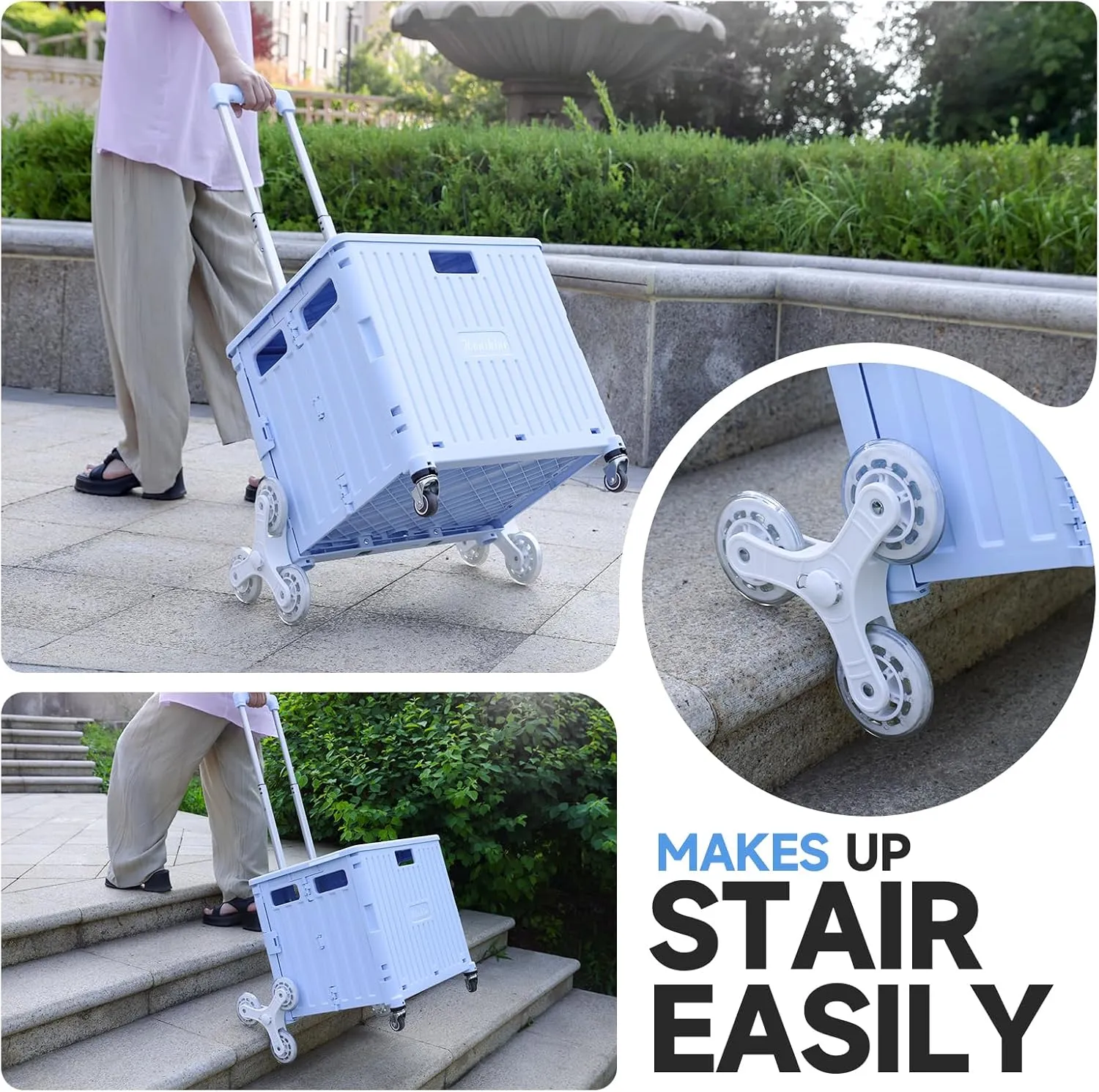 Folding Rolling Cart on Stair Climbing Wheels : Rolling Crate for Grocery File Office Book (Blue)