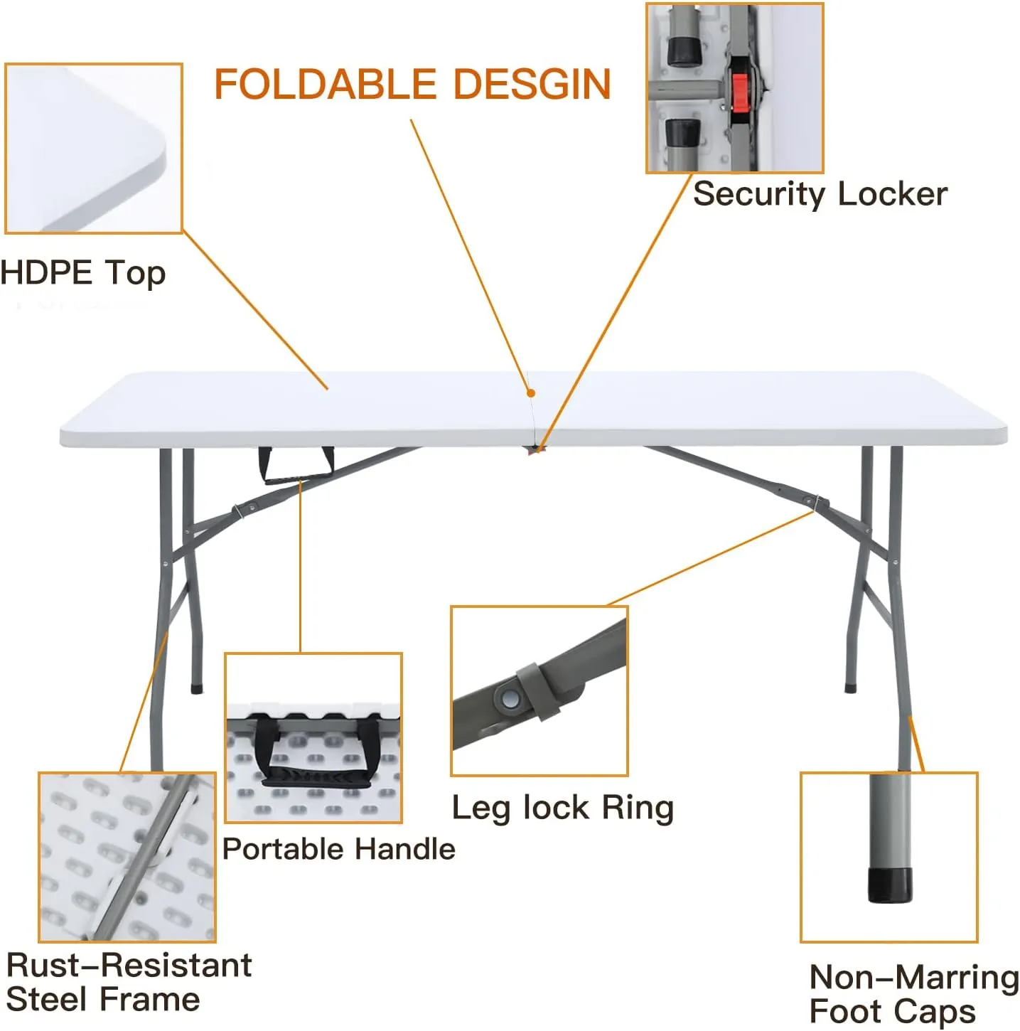 Folding Table 6ft Portable Heavy Duty Plastic Fold-in-Half Utility Picnic Table Plastic Dining Table Indoor Outdoor for Camping White