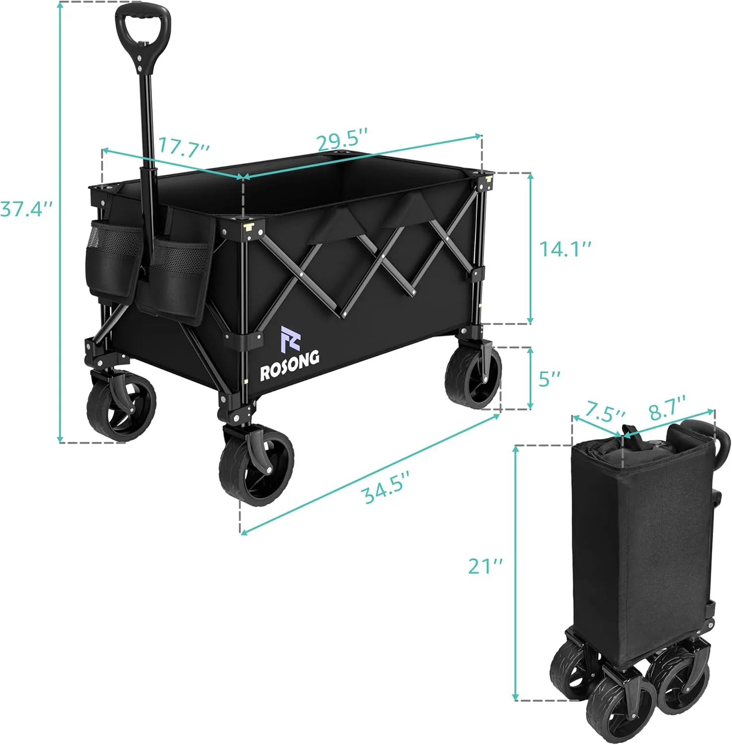 Folding Wagon Cart with Wheels Foldable - Collapsible Wagons Carts Heavy Duty, Fold Up Portable Utility Wagon for Grocery Beach Sports Fishing Camping Shopping ROSONG