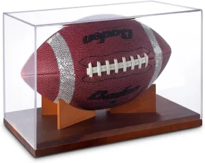 Football Display Case, Acrylic Football Case Display Clear with Built-in Football Display Stand Wood, UV Protected Memorabilia Display Box, Acrylic Display Cases for Football (No Assembly Required)