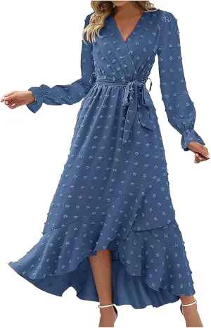 Formal Dresses for Women 2024 Elegant Sexy Long Sleeve Wrap V Neck Bohemian Dress Causal Tie Waist Asymmetrical Dress