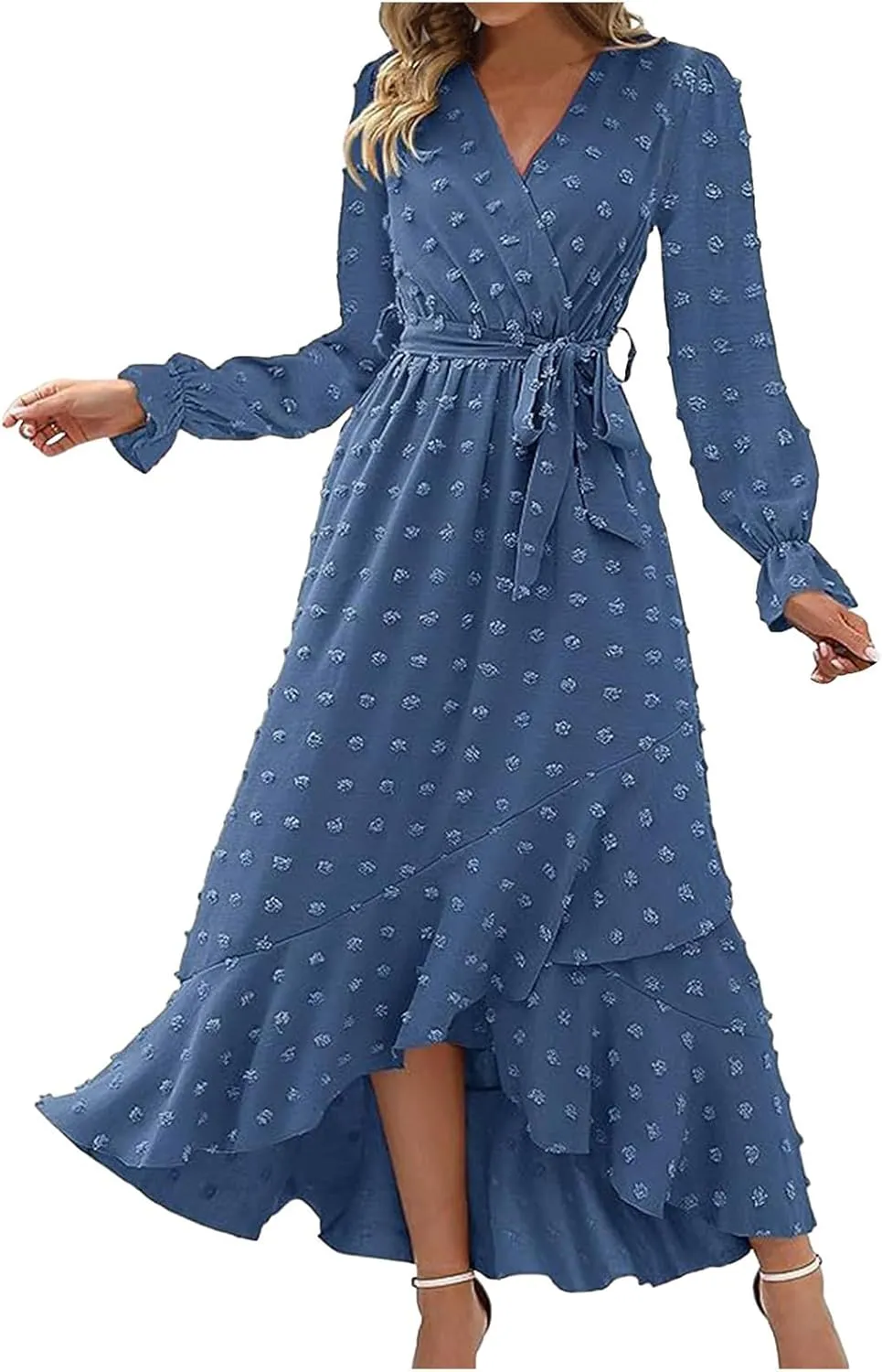 Formal Dresses for Women 2024 Elegant Sexy Long Sleeve Wrap V Neck Bohemian Dress Causal Tie Waist Asymmetrical Dress