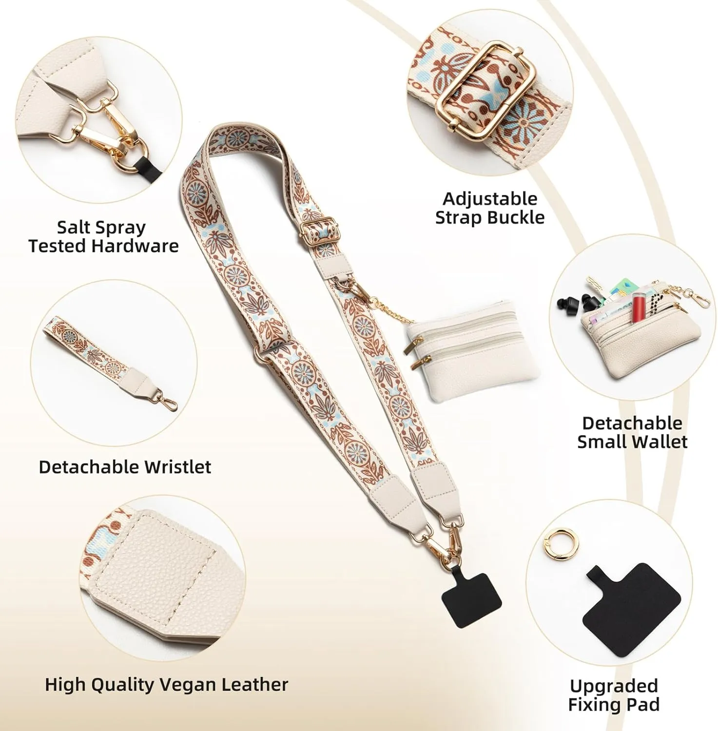 FOTN Crossbody Phone Strap with Zippered Pouch,Clip and Go Strap for Phone with Wallet,Adjustable Phone Lanyard Wrist Strap