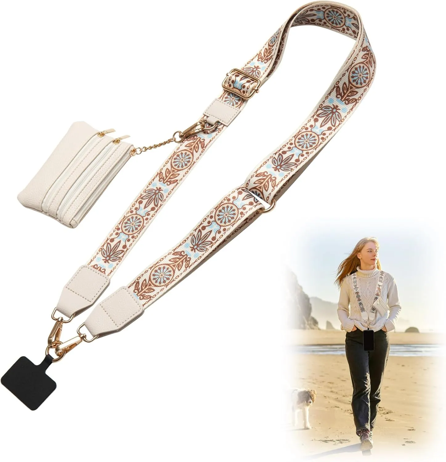 FOTN Crossbody Phone Strap with Zippered Pouch,Clip and Go Strap for Phone with Wallet,Adjustable Phone Lanyard Wrist Strap