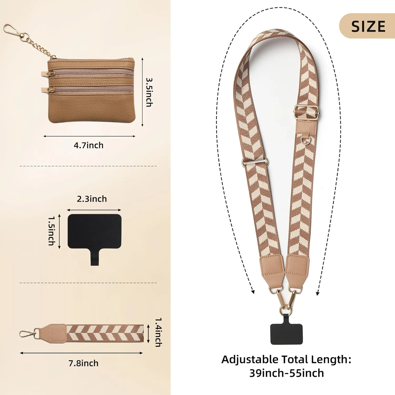 FOTN Crossbody Phone Strap with Zippered Pouch,Clip and Go Strap for Phone with Wallet,Adjustable Phone Lanyard Wrist Strap