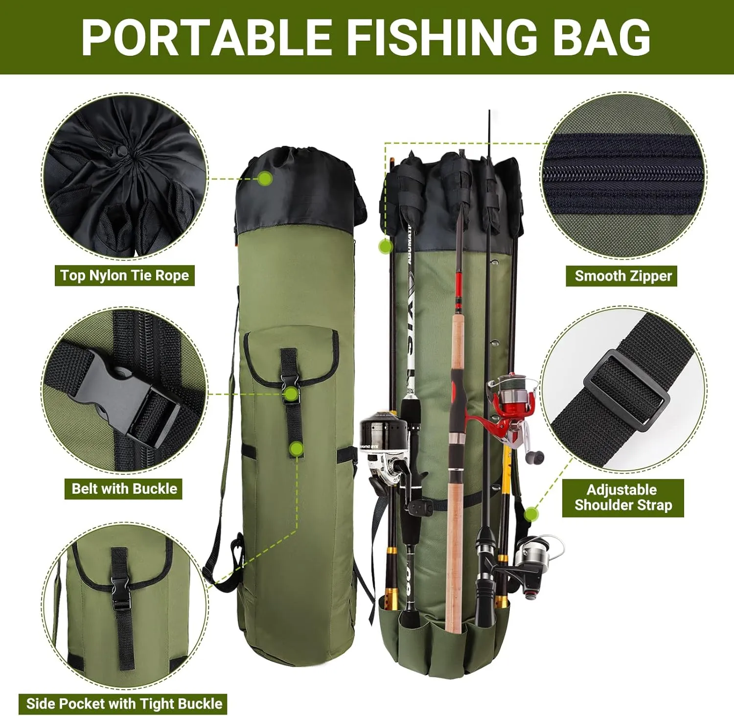 FOUUAAOOU Fishing Rod Bag, Fish Pole Case Bag with Durable Folding Oxford Fabric, Portable Fishing Gear for Men Fishing Gifts (Green)