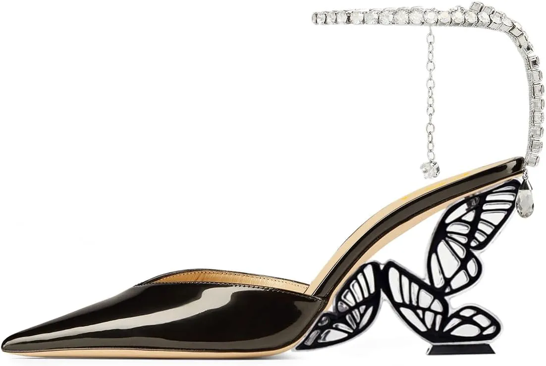 FSJ Women Butterfly Heel Crystal Chain Ankle Strap Heeled Sandals Sexy Pointed Toe Sparkling Rhinestones Holiday Dressy Shoes Size 4-15 US