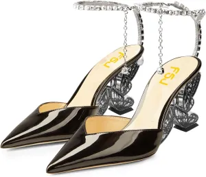 FSJ Women Butterfly Heel Crystal Chain Ankle Strap Heeled Sandals Sexy Pointed Toe Sparkling Rhinestones Holiday Dressy Shoes Size 4-15 US