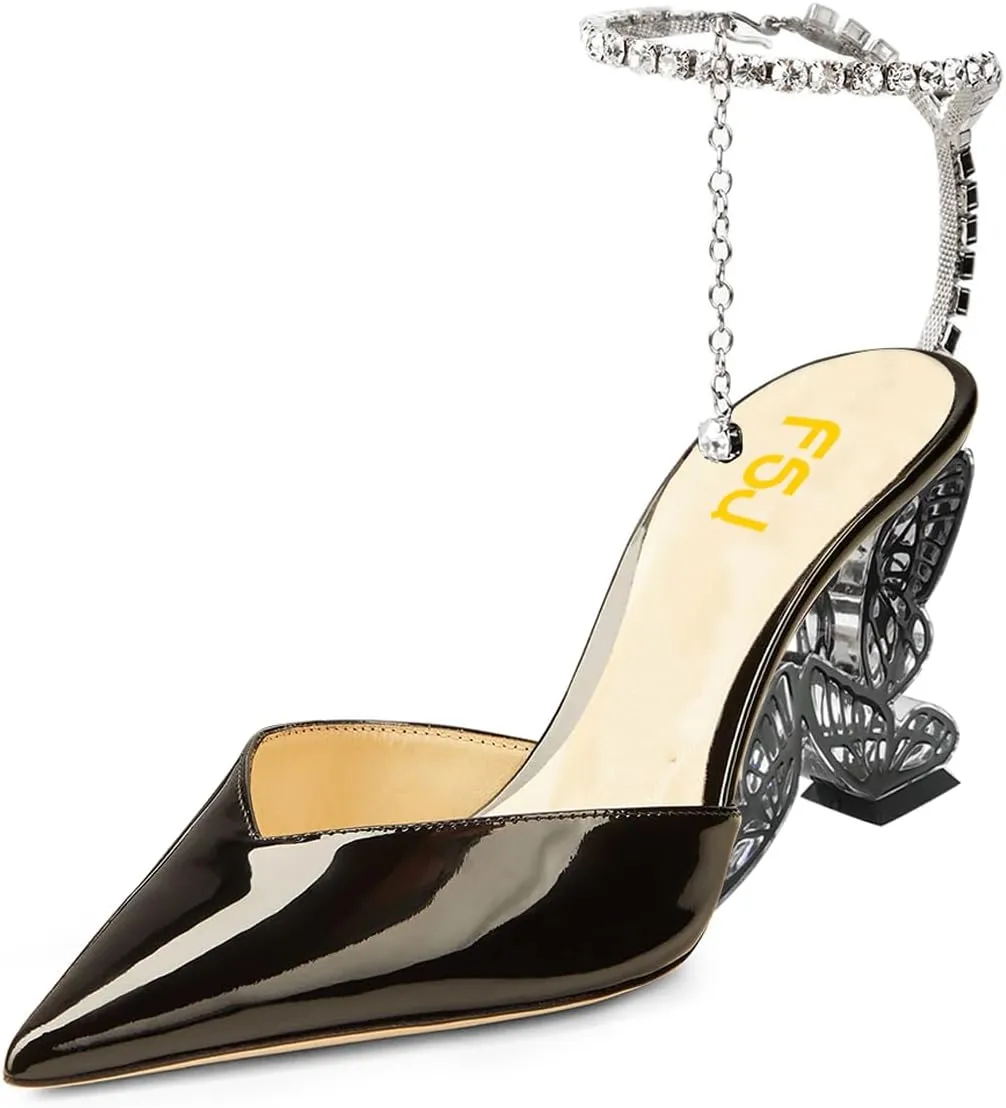 FSJ Women Butterfly Heel Crystal Chain Ankle Strap Heeled Sandals Sexy Pointed Toe Sparkling Rhinestones Holiday Dressy Shoes Size 4-15 US
