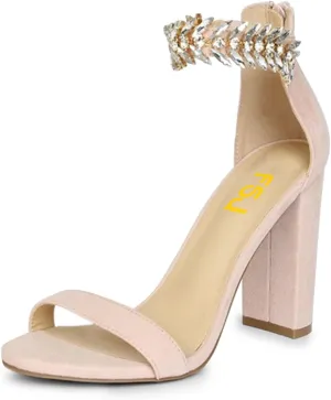 FSJ Women Classic Open Toe Chunky High Heel Sandal Embellished Crystal Ankle Strap Back Zipper Evening Pumps Dress Shoes Size 4-15 US