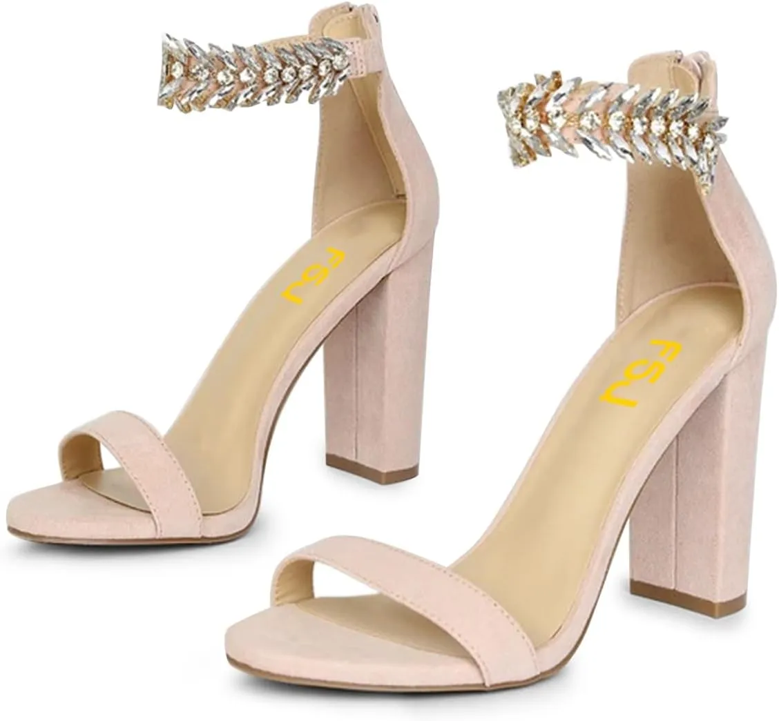 FSJ Women Classic Open Toe Chunky High Heel Sandal Embellished Crystal Ankle Strap Back Zipper Evening Pumps Dress Shoes Size 4-15 US