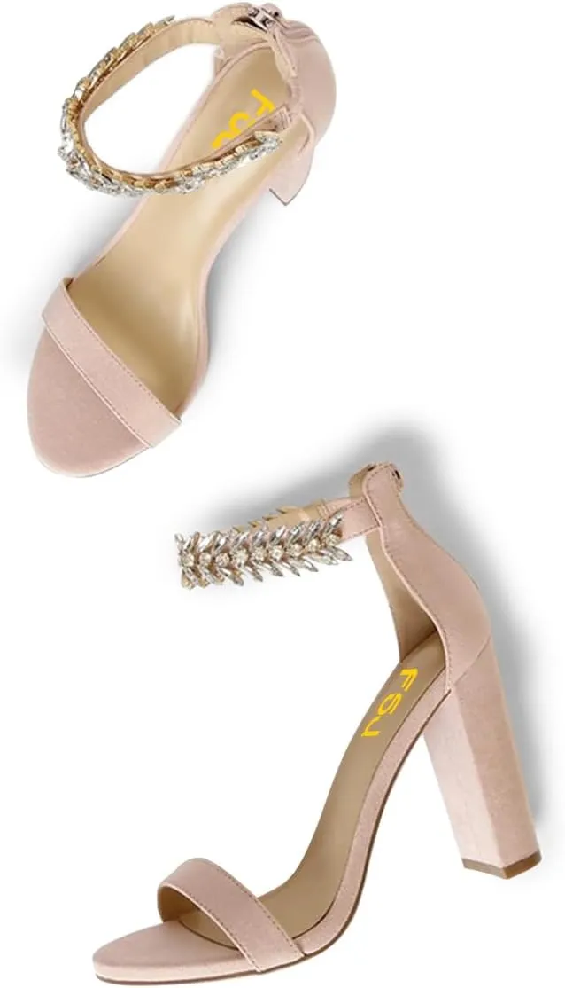 FSJ Women Classic Open Toe Chunky High Heel Sandal Embellished Crystal Ankle Strap Back Zipper Evening Pumps Dress Shoes Size 4-15 US