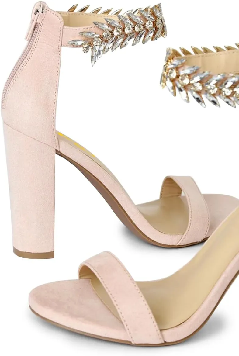 FSJ Women Classic Open Toe Chunky High Heel Sandal Embellished Crystal Ankle Strap Back Zipper Evening Pumps Dress Shoes Size 4-15 US