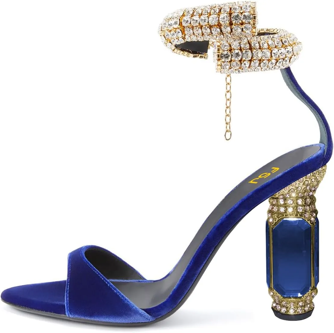 FSJ Women Gorgeous Chunky High Heels Sandals Open Toe Crystal Ankle Strap Pumps Rhinestone Jewel Heels Ladies Wedding Bridal Party Homecoming Shoes Size 4-16 US