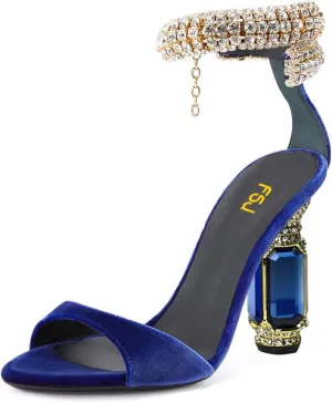 FSJ Women Gorgeous Chunky High Heels Sandals Open Toe Crystal Ankle Strap Pumps Rhinestone Jewel Heels Ladies Wedding Bridal Party Homecoming Shoes Size 4-16 US