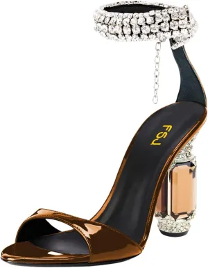 FSJ Women Gorgeous Chunky High Heels Sandals Open Toe Crystal Ankle Strap Pumps Rhinestone Jewel Heels Ladies Wedding Bridal Party Homecoming Shoes Size 4-16 US