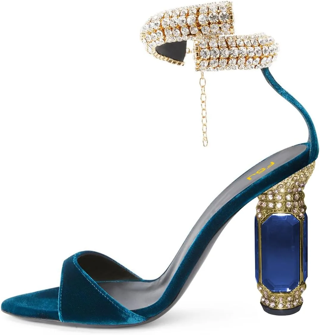 FSJ Women Gorgeous Chunky High Heels Sandals Open Toe Crystal Ankle Strap Pumps Rhinestone Jewel Heels Ladies Wedding Bridal Party Homecoming Shoes Size 4-16 US