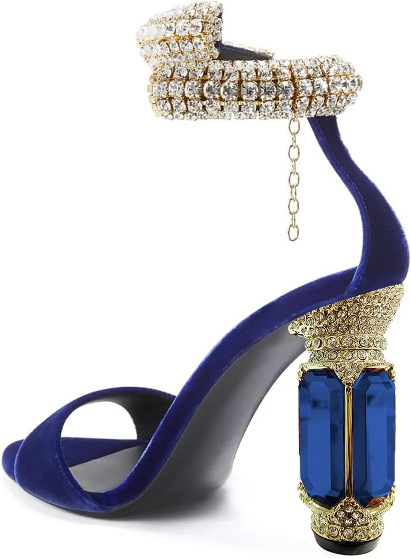 FSJ Women Gorgeous Chunky High Heels Sandals Open Toe Crystal Ankle Strap Pumps Rhinestone Jewel Heels Ladies Wedding Bridal Party Homecoming Shoes Size 4-16 US