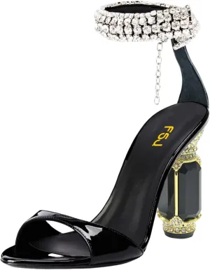 FSJ Women Gorgeous Chunky High Heels Sandals Open Toe Crystal Ankle Strap Pumps Rhinestone Jewel Heels Ladies Wedding Bridal Party Homecoming Shoes Size 4-16 US