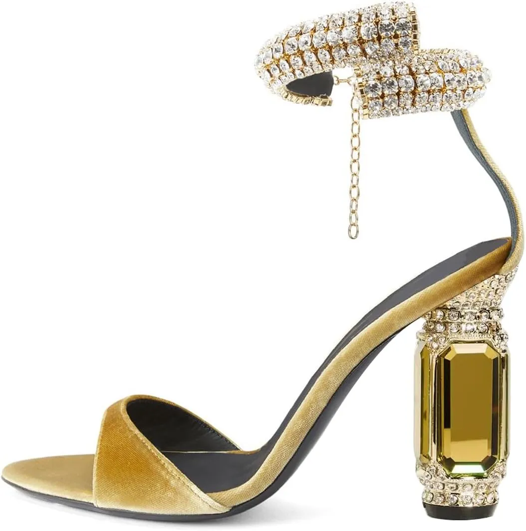 FSJ Women Gorgeous Chunky High Heels Sandals Open Toe Crystal Ankle Strap Pumps Rhinestone Jewel Heels Ladies Wedding Bridal Party Homecoming Shoes Size 4-16 US