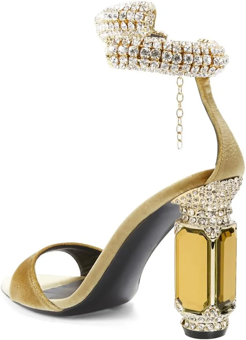 FSJ Women Gorgeous Chunky High Heels Sandals Open Toe Crystal Ankle Strap Pumps Rhinestone Jewel Heels Ladies Wedding Bridal Party Homecoming Shoes Size 4-16 US