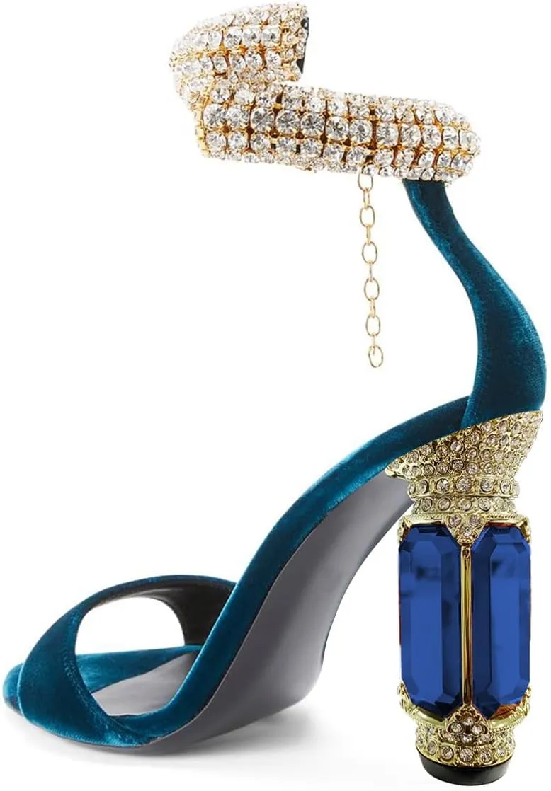 FSJ Women Gorgeous Chunky High Heels Sandals Open Toe Crystal Ankle Strap Pumps Rhinestone Jewel Heels Ladies Wedding Bridal Party Homecoming Shoes Size 4-16 US