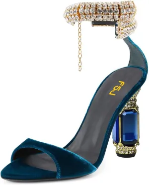FSJ Women Gorgeous Chunky High Heels Sandals Open Toe Crystal Ankle Strap Pumps Rhinestone Jewel Heels Ladies Wedding Bridal Party Homecoming Shoes Size 4-16 US