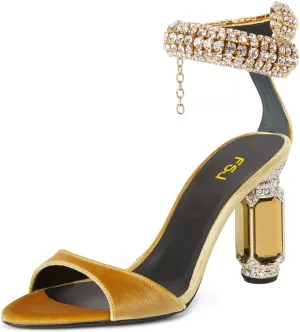 FSJ Women Gorgeous Chunky High Heels Sandals Open Toe Crystal Ankle Strap Pumps Rhinestone Jewel Heels Ladies Wedding Bridal Party Homecoming Shoes Size 4-16 US
