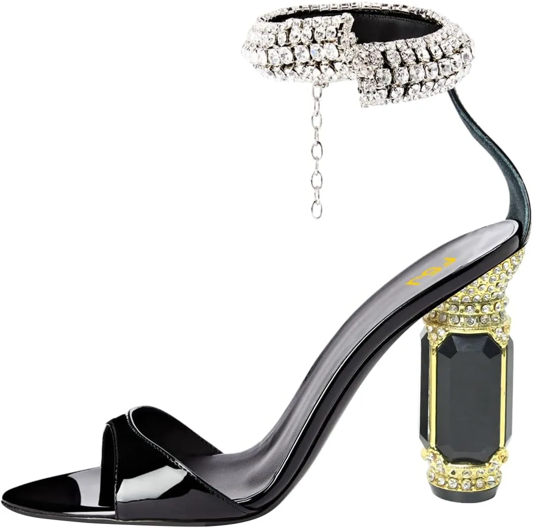 FSJ Women Gorgeous Chunky High Heels Sandals Open Toe Crystal Ankle Strap Pumps Rhinestone Jewel Heels Ladies Wedding Bridal Party Homecoming Shoes Size 4-16 US