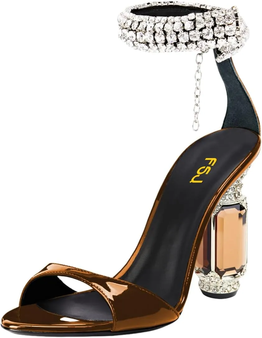 FSJ Women Gorgeous Chunky High Heels Sandals Open Toe Crystal Ankle Strap Pumps Rhinestone Jewel Heels Ladies Wedding Bridal Party Homecoming Shoes Size 4-16 US