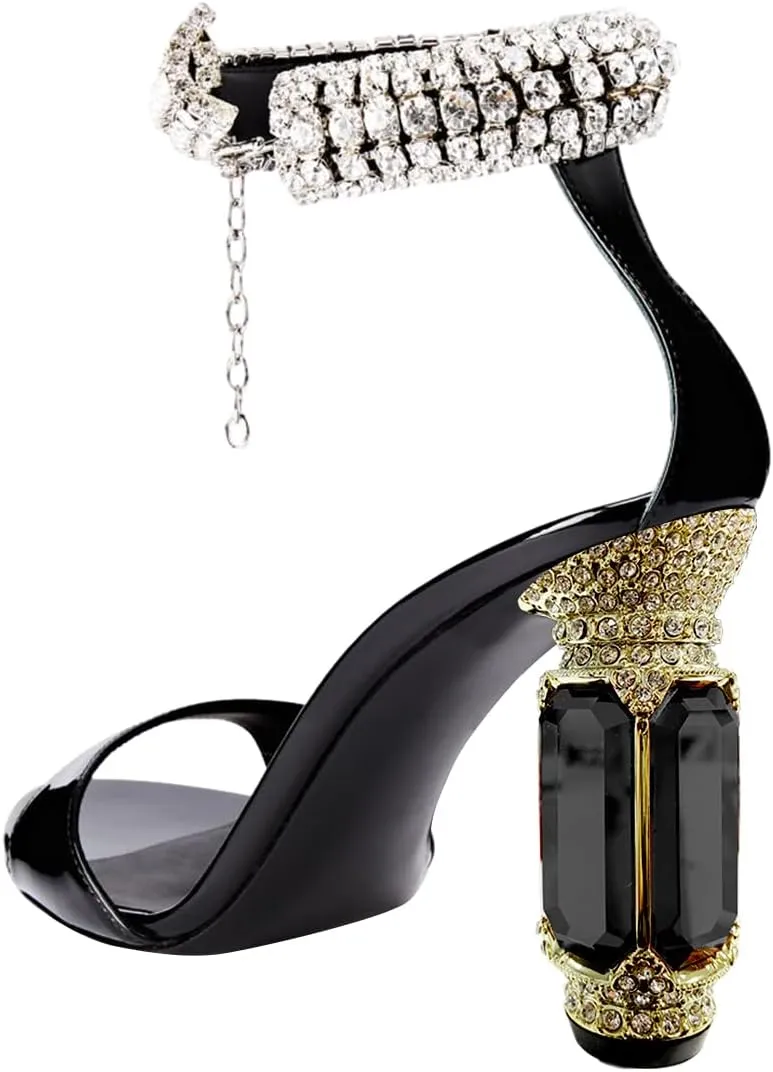 FSJ Women Gorgeous Chunky High Heels Sandals Open Toe Crystal Ankle Strap Pumps Rhinestone Jewel Heels Ladies Wedding Bridal Party Homecoming Shoes Size 4-16 US
