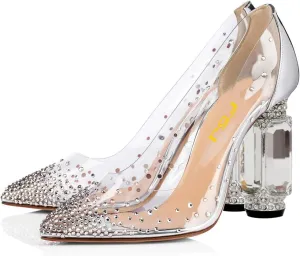 FSJ Women High Crystal Chunky Heel Transparent PVC Pumps Rhinestones 105mm Clear Heels Pointed Closed Toe Slip On Pump Bridal Wedding Party Dress Shoes Size 4-16 US