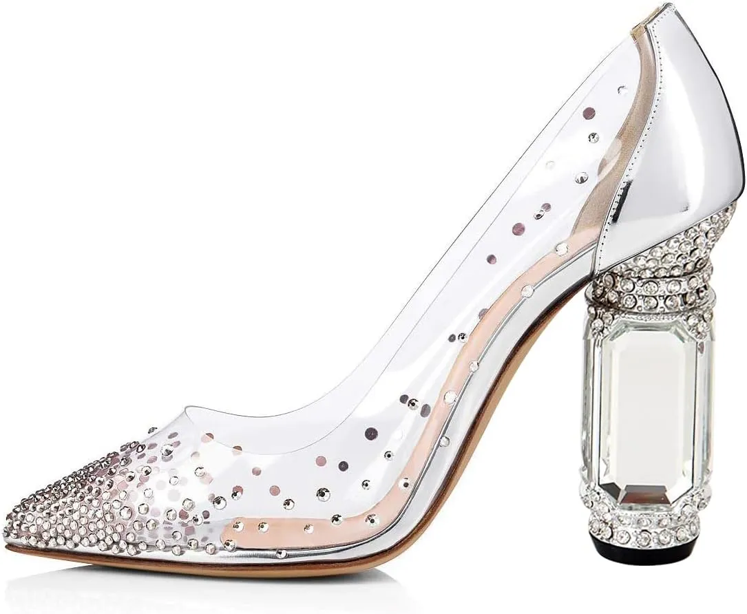 FSJ Women High Crystal Chunky Heel Transparent PVC Pumps Rhinestones 105mm Clear Heels Pointed Closed Toe Slip On Pump Bridal Wedding Party Dress Shoes Size 4-16 US