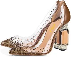 FSJ Women High Crystal Chunky Heel Transparent PVC Pumps Rhinestones 105mm Clear Heels Pointed Closed Toe Slip On Pump Bridal Wedding Party Dress Shoes Size 4-16 US