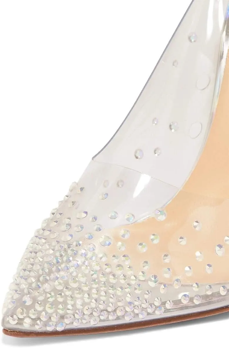 FSJ Women High Crystal Chunky Heel Transparent PVC Pumps Rhinestones 105mm Clear Heels Pointed Closed Toe Slip On Pump Bridal Wedding Party Dress Shoes Size 4-16 US