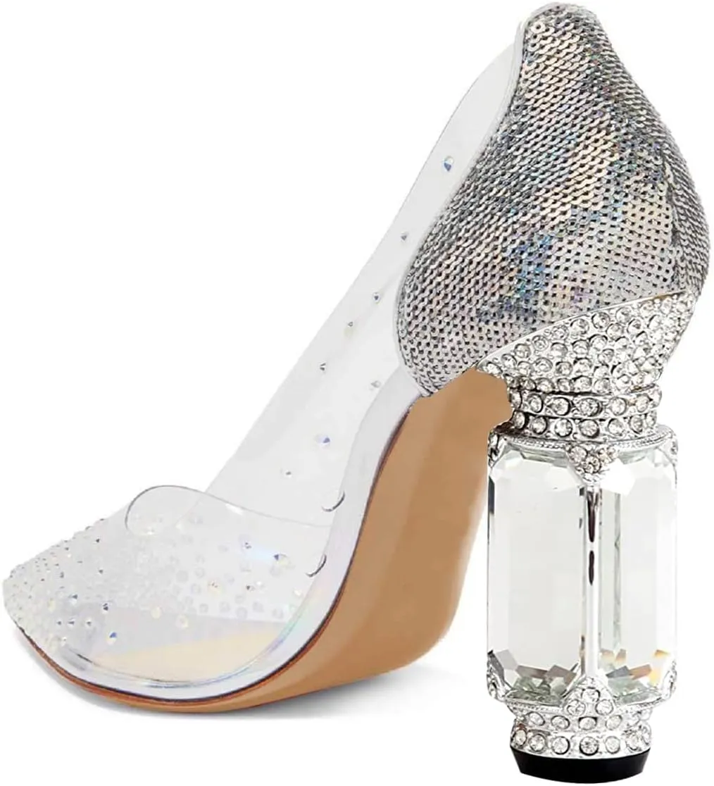 FSJ Women High Crystal Chunky Heel Transparent PVC Pumps Rhinestones 105mm Clear Heels Pointed Closed Toe Slip On Pump Bridal Wedding Party Dress Shoes Size 4-16 US