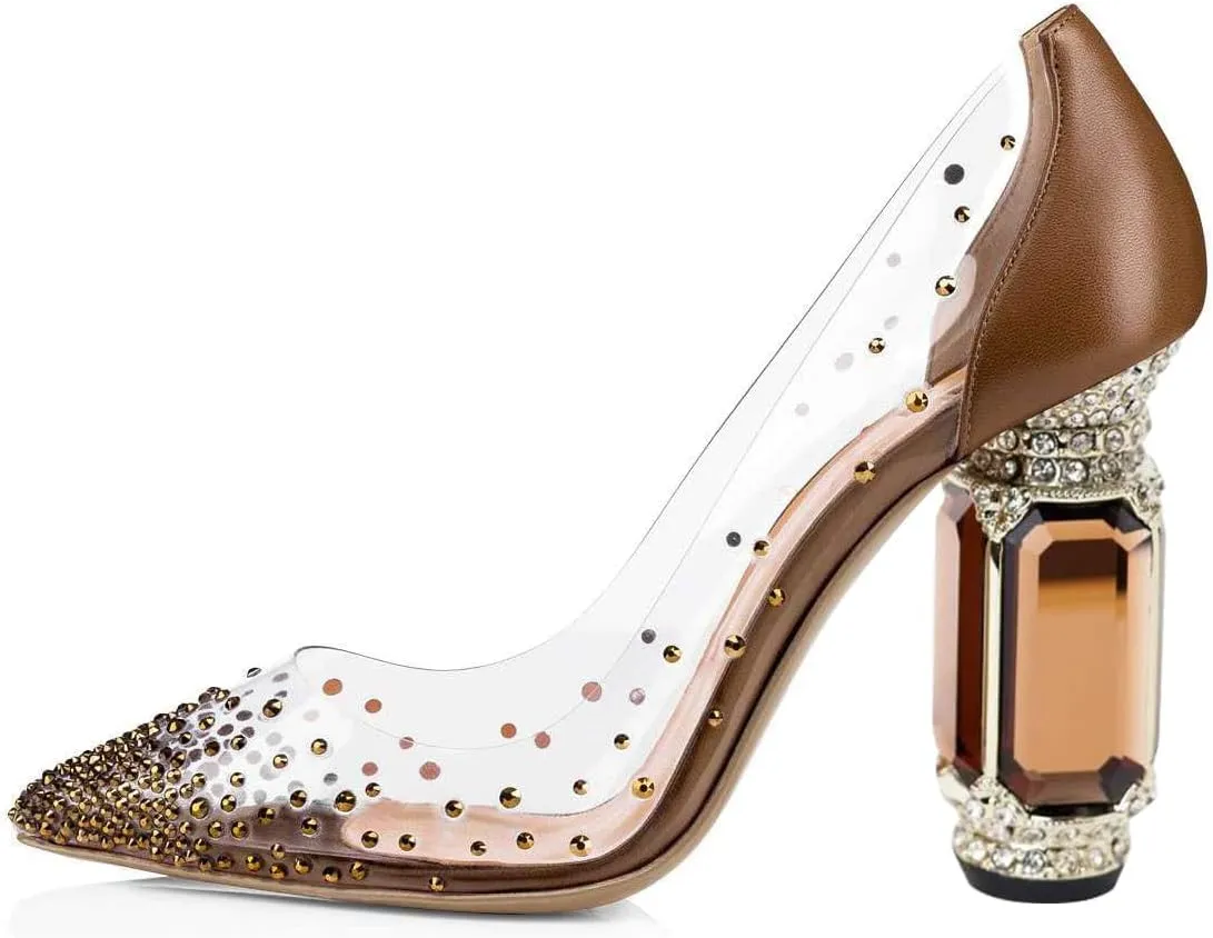 FSJ Women High Crystal Chunky Heel Transparent PVC Pumps Rhinestones 105mm Clear Heels Pointed Closed Toe Slip On Pump Bridal Wedding Party Dress Shoes Size 4-16 US