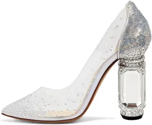 FSJ Women High Crystal Chunky Heel Transparent PVC Pumps Rhinestones 105mm Clear Heels Pointed Closed Toe Slip On Pump Bridal Wedding Party Dress Shoes Size 4-16 US