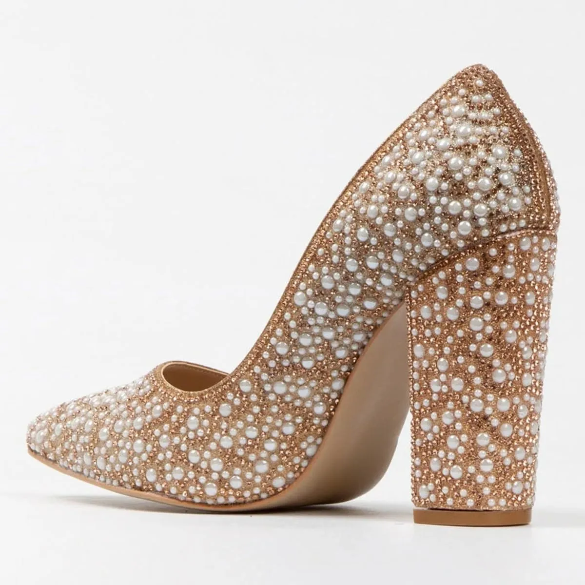FSJ Women Luxury Pearl Studded Pointed Toe Pumps Chunky Block High Heel Sparkly Rhinestone Embellished Slip On Wedding Party Formal Event Shoes Size 4-16 US