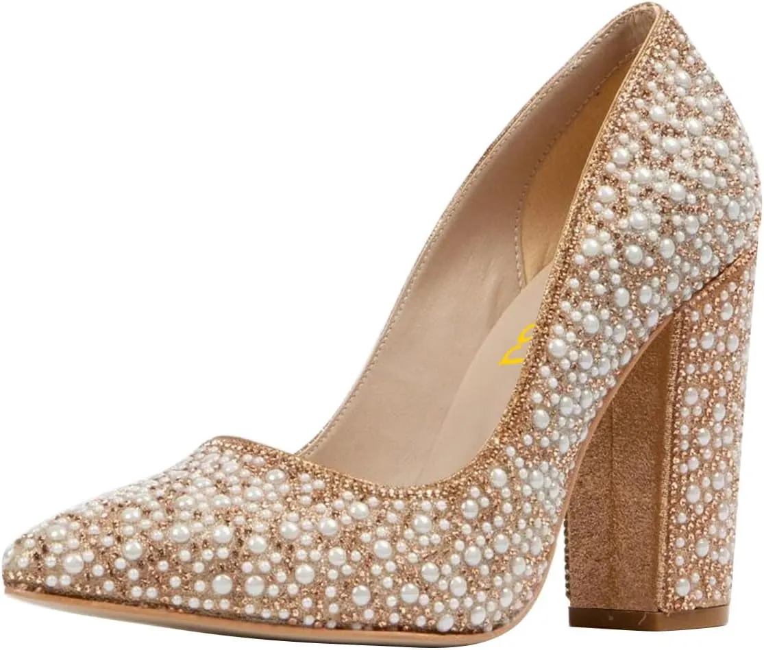 FSJ Women Luxury Pearl Studded Pointed Toe Pumps Chunky Block High Heel Sparkly Rhinestone Embellished Slip On Wedding Party Formal Event Shoes Size 4-16 US